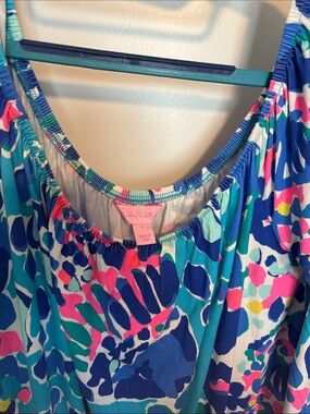 Lilly Pulitzer Colorful Floral Off-Shoulder Romper- Teal,Navy,Pink and Necklace